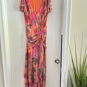 Anthropologie Pink and Orange Ruched Wrap Sundress